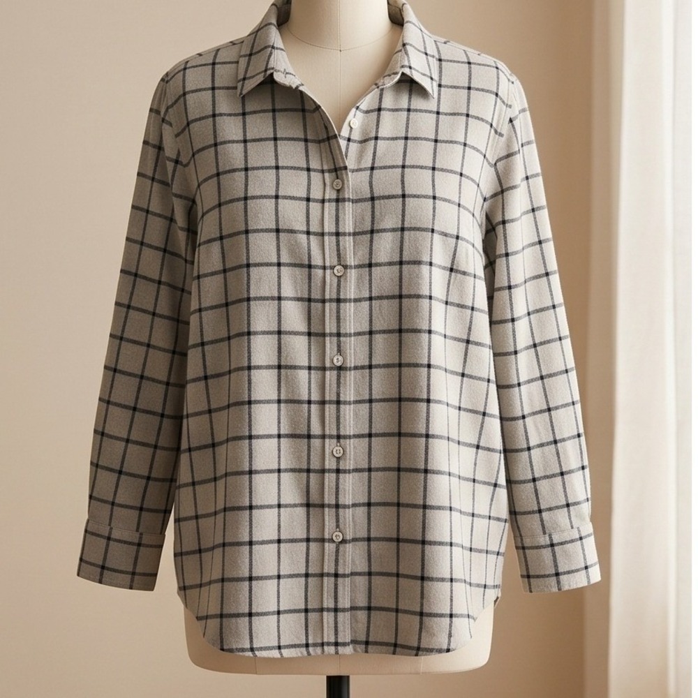 Lands End Women's Plus Size 3X Button Down Long Sleeve Flannel Shirt Wht/Blk